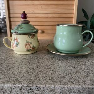 Vintage MacKenzie Childs Floral Sugar Bowl & Cup Set